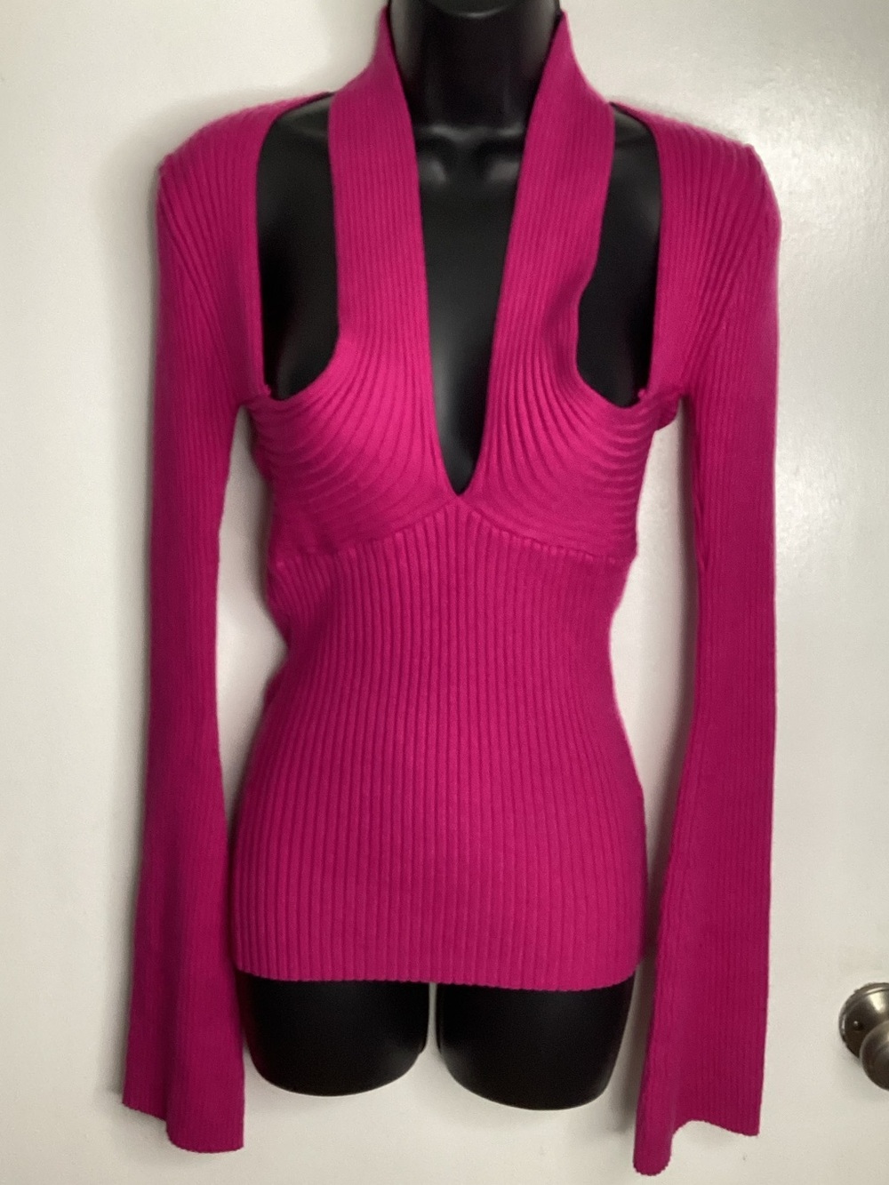 NWOT Ribbed Deep V Long Sleeve Sweater in Hot Pink M